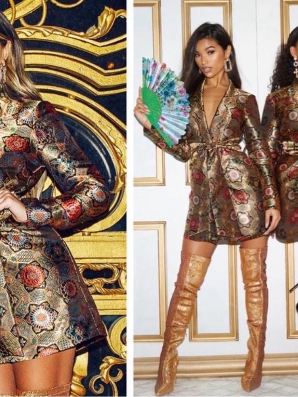 PrettyLittleThing Metallic Gold Floral Brocade Mini Dress